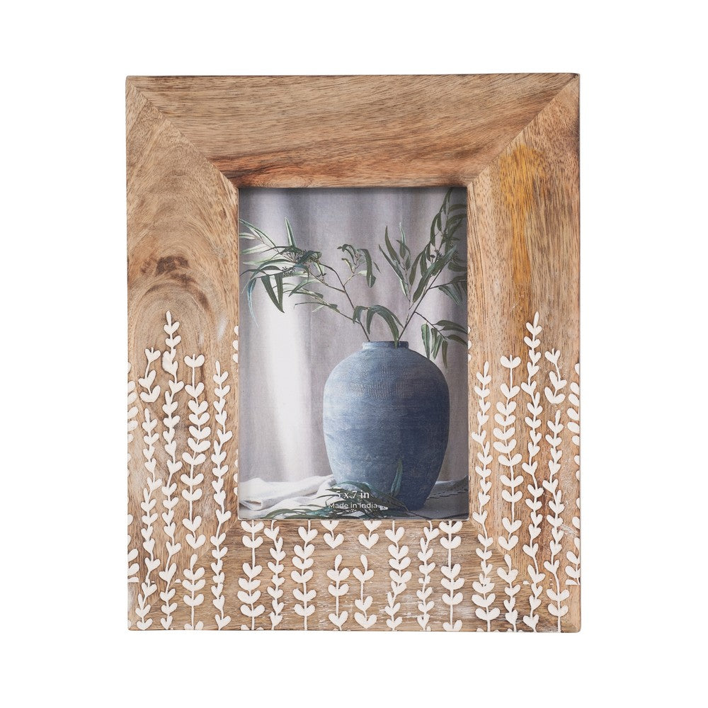 Photo Frame for 5 x 7 Picture | White Repeating Leaf Design | Brown Wood