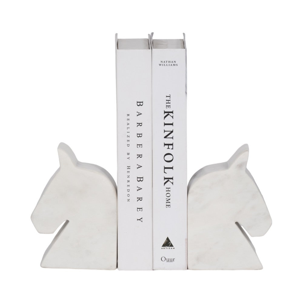 Decorative Bookend Set of 2 with Carved Horse Head Design | White Marble