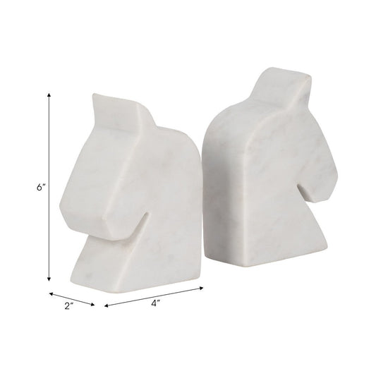Decorative Bookend Set of 2 with Carved Horse Head Design | White Marble
