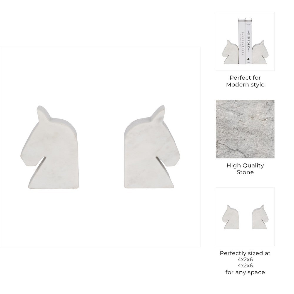Decorative Bookend Set of 2 with Carved Horse Head Design | White Marble