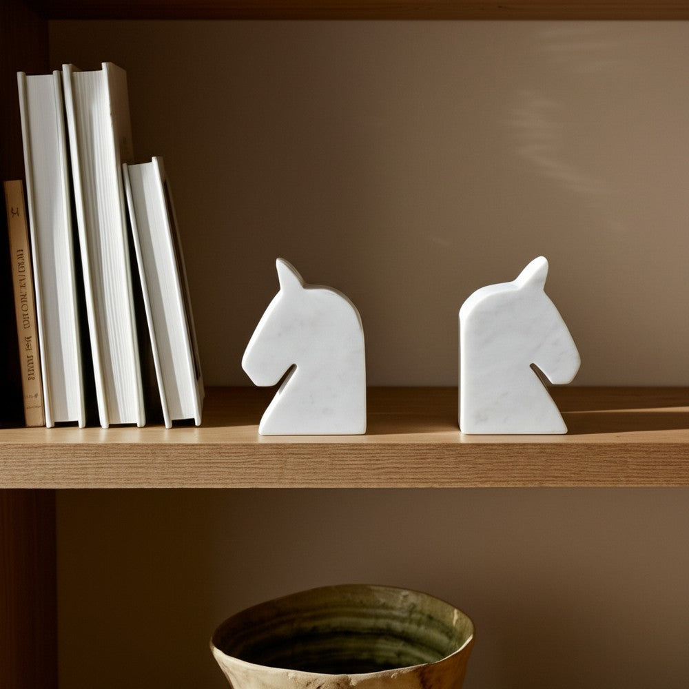 Decorative Bookend Set of 2 with Carved Horse Head Design | White Marble