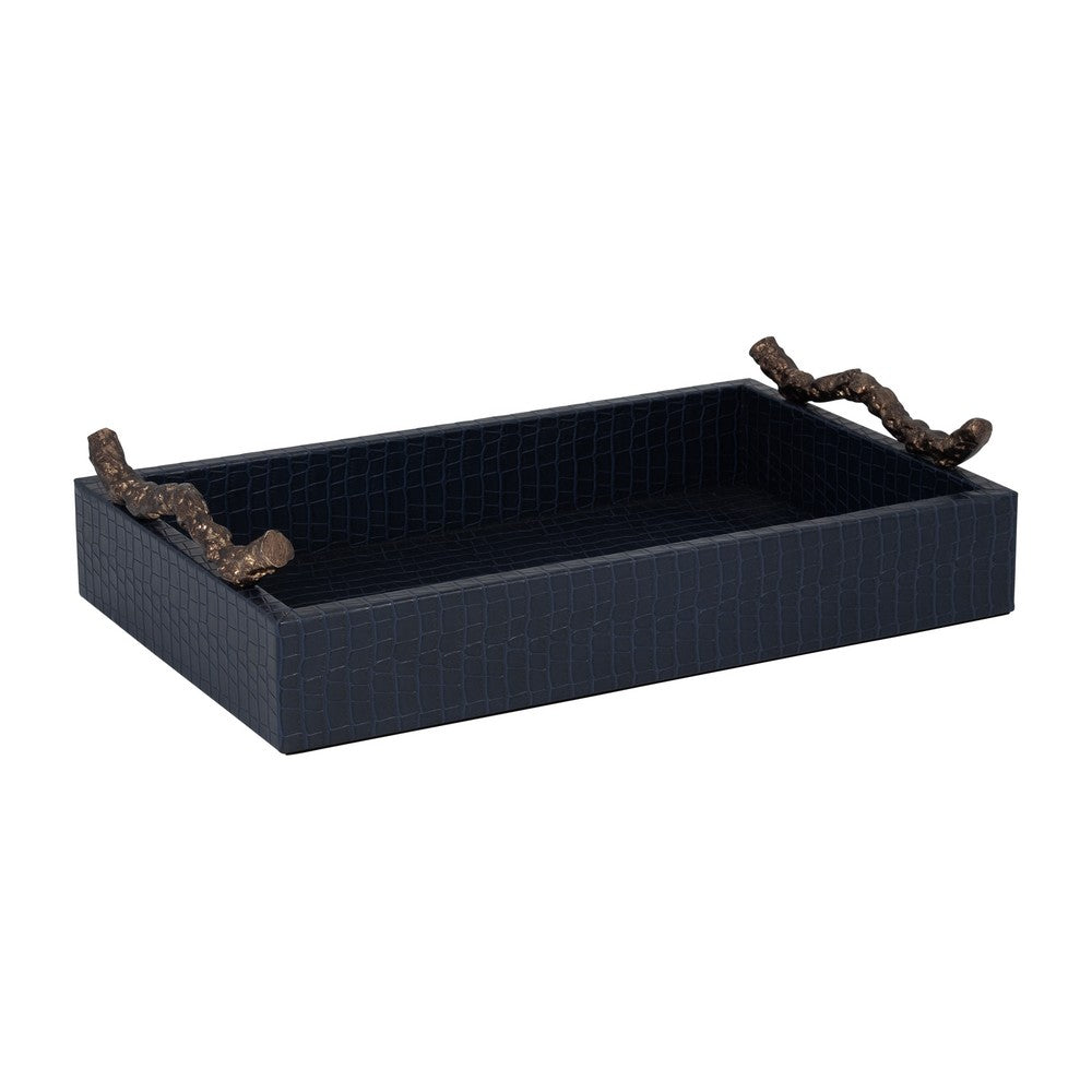 Decorative Serving Tray | Navy Blue Faux Leather & Antique Gold Handles