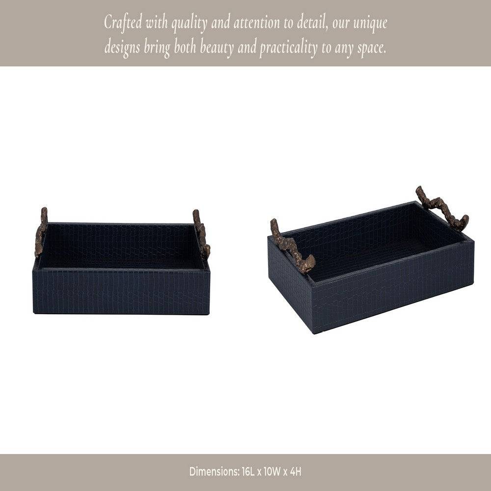 Decorative Serving Tray | Navy Blue Faux Leather & Antique Gold Handles