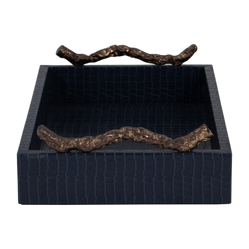Decorative Serving Tray | Navy Blue Faux Leather & Antique Gold Handles