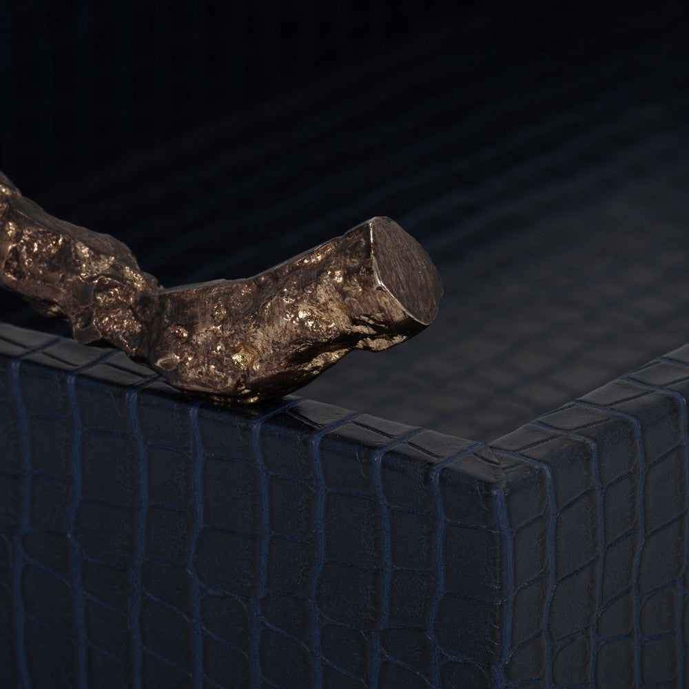 Decorative Serving Tray | Navy Blue Faux Leather & Antique Gold Handles