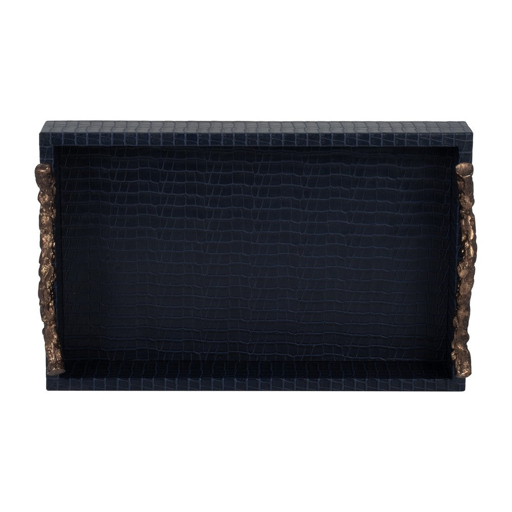 Decorative Serving Tray | Navy Blue Faux Leather & Antique Gold Handles