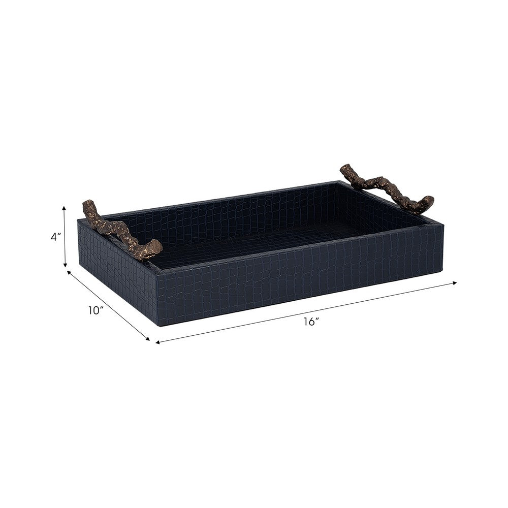 Decorative Serving Tray | Navy Blue Faux Leather & Antique Gold Handles