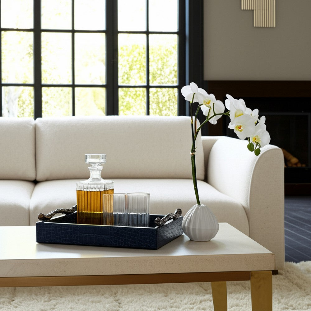 Decorative Serving Tray | Navy Blue Faux Leather & Antique Gold Handles