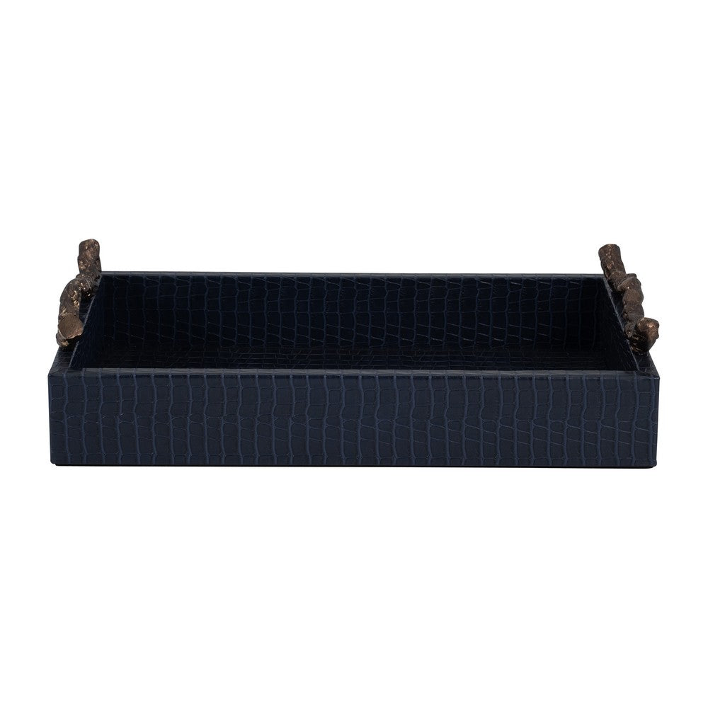 Decorative Serving Tray | Navy Blue Faux Leather & Antique Gold Handles