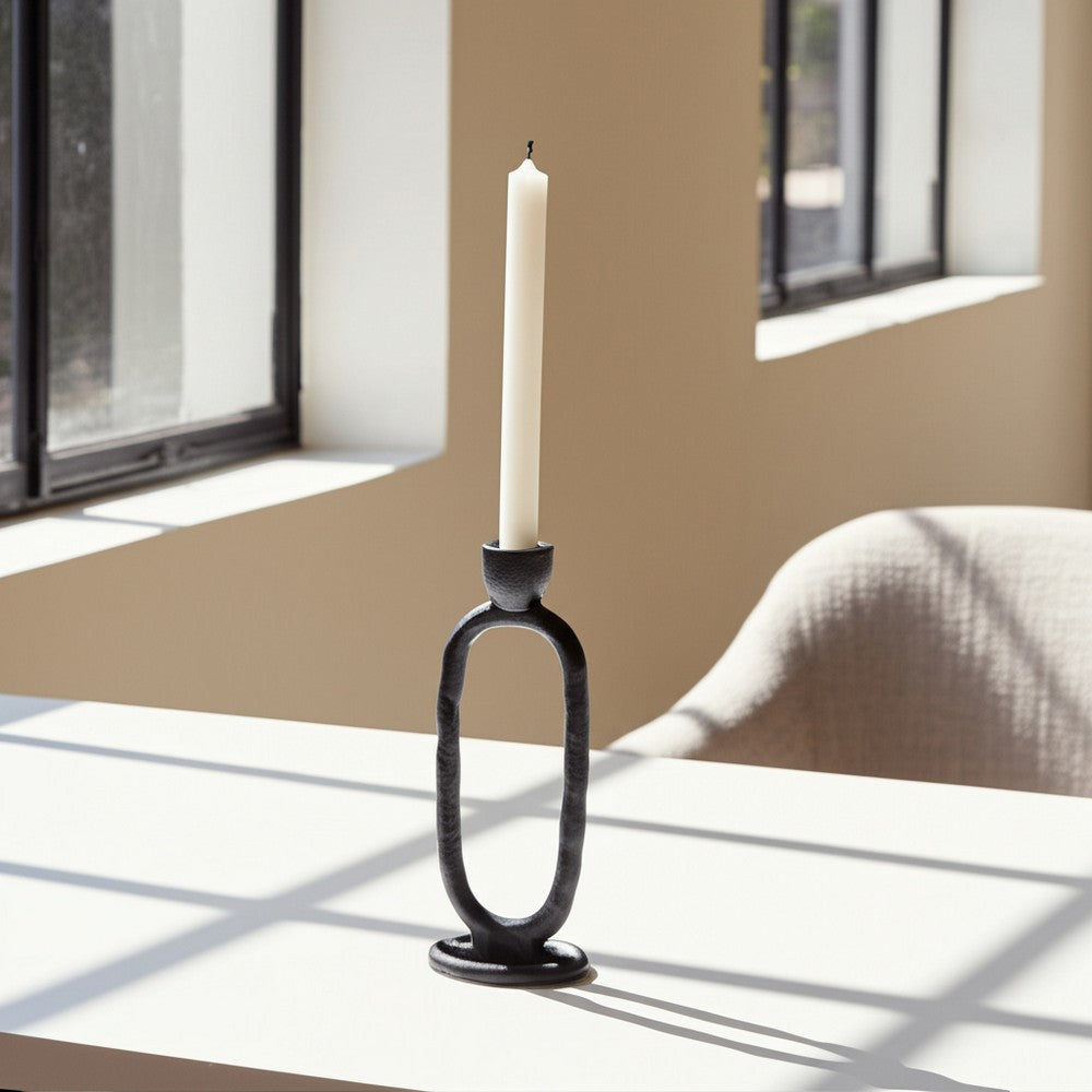 Taper Candle Holder | Open Oval Design | Industrial Style | Black Metal 8"