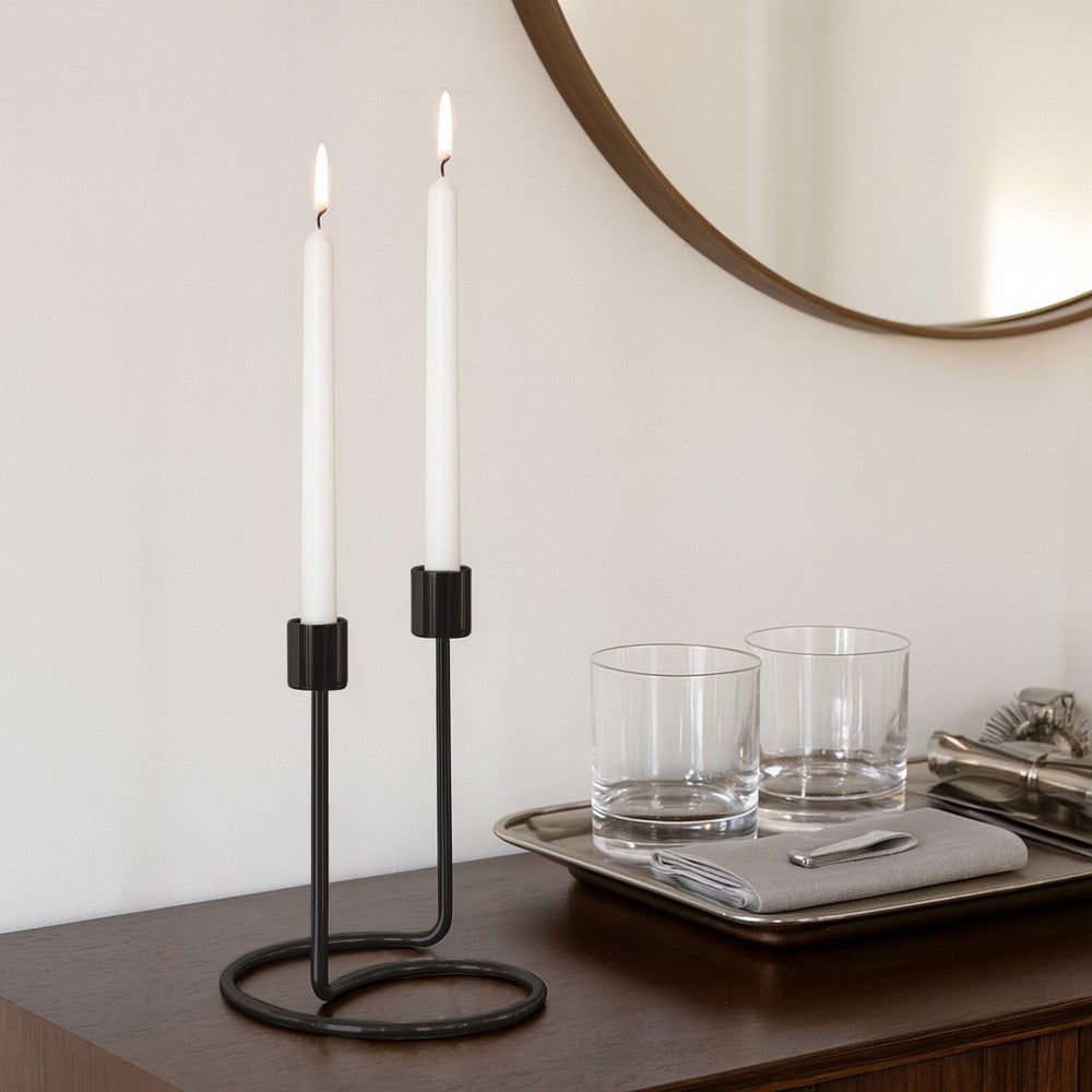 Modern Style Dual Taper Candle Holder | Swirled Base Black Iron | 8"
