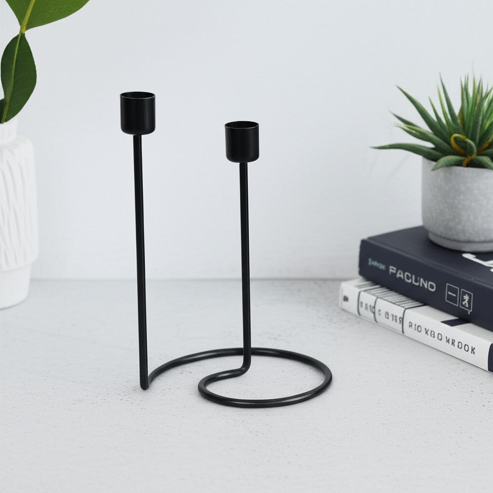 Modern Style Dual Taper Candle Holder | Swirled Base Black Iron | 8"