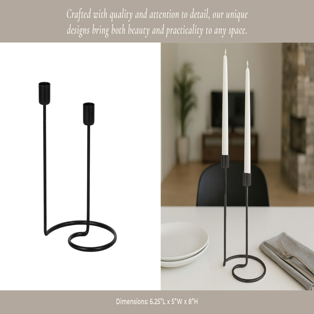 Modern Style Dual Taper Candle Holder | Swirled Base Black Iron | 8"