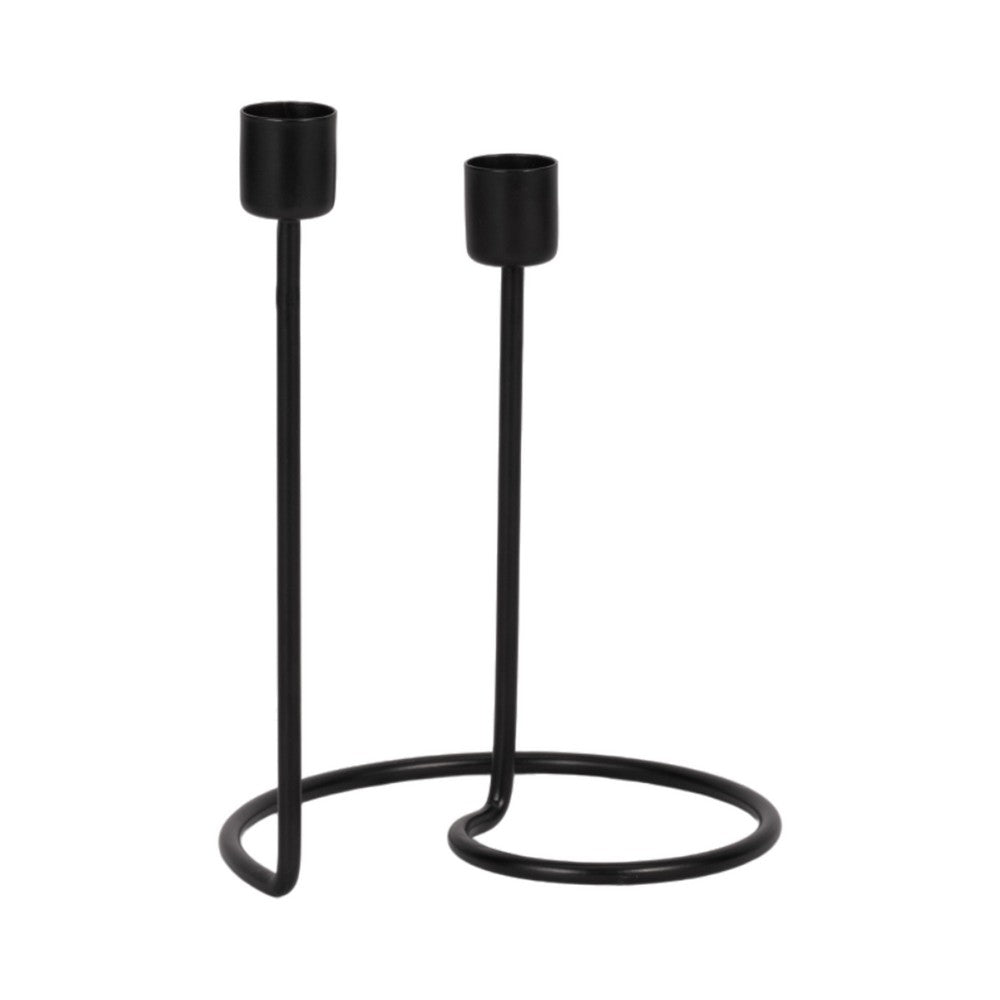 Modern Style Dual Taper Candle Holder | Swirled Base Black Iron | 8"
