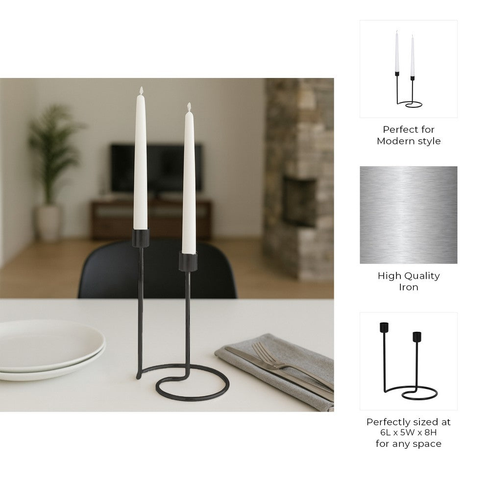 Modern Style Dual Taper Candle Holder | Swirled Base Black Iron | 8"