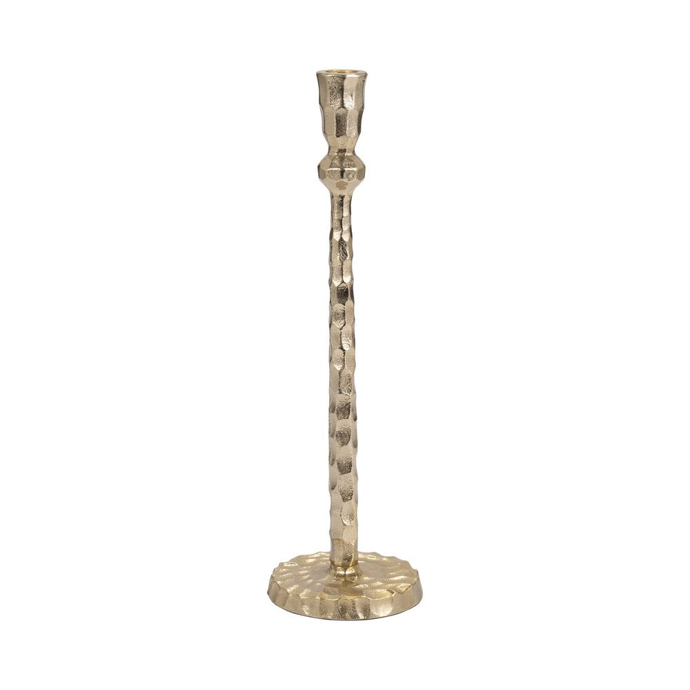 Decorative Tall Taper Candle Holder | Hammered Design | 15" | Gold Metal