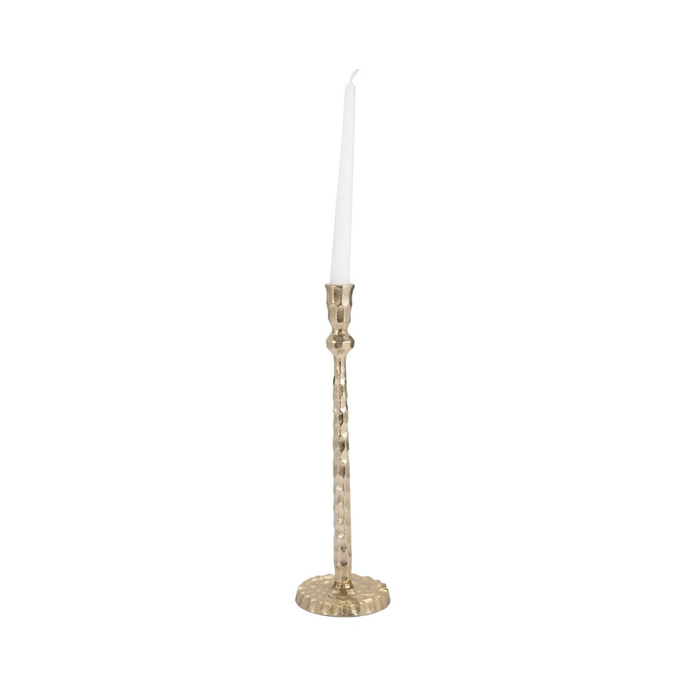 Decorative Tall Taper Candle Holder | Hammered Design | 15" | Gold Metal