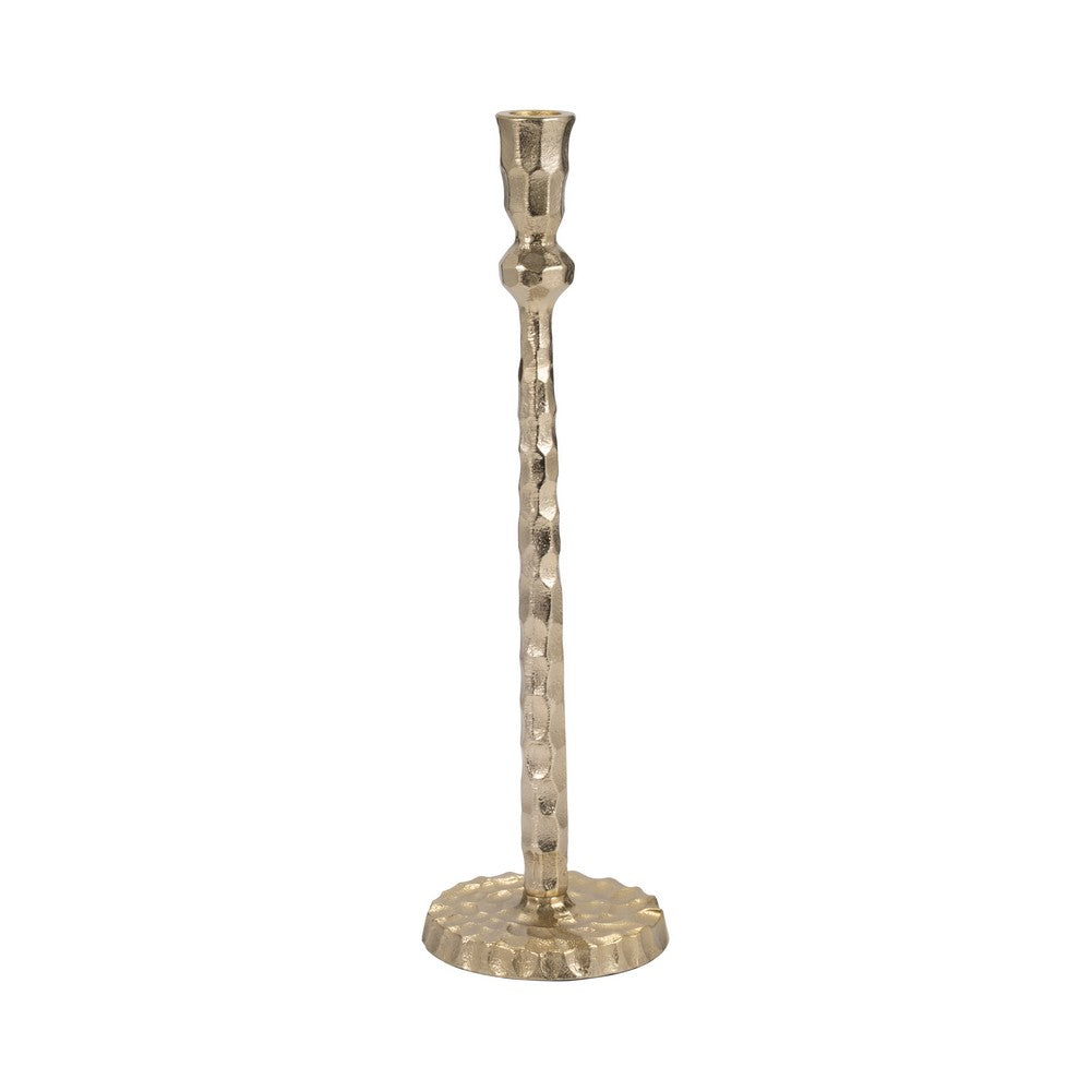Decorative Tall Taper Candle Holder | Hammered Design | 15" | Gold Metal