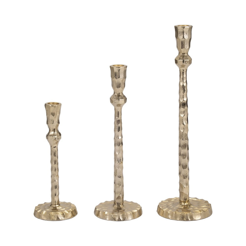 Decorative Tall Taper Candle Holder | Hammered Design | 15" | Gold Metal