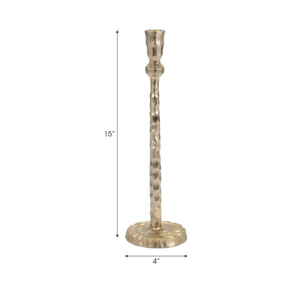 Decorative Tall Taper Candle Holder | Hammered Design | 15" | Gold Metal