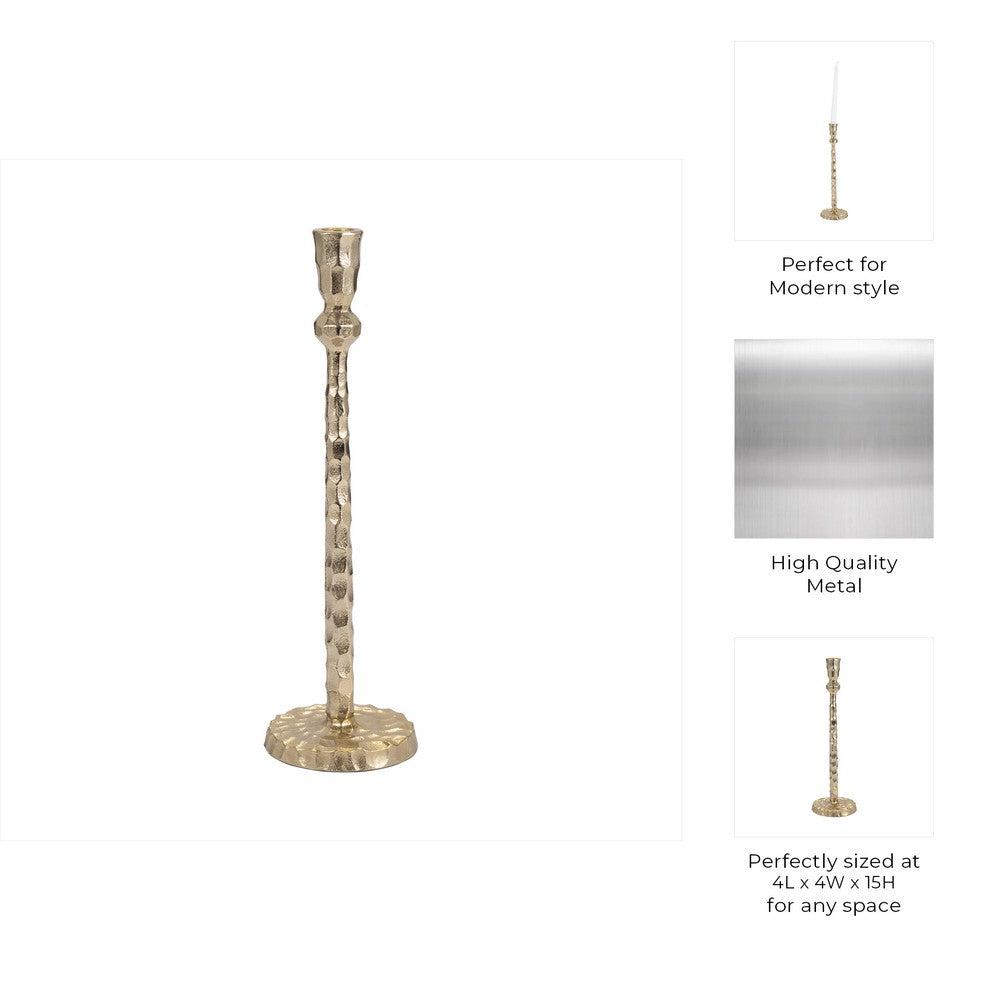 Decorative Tall Taper Candle Holder | Hammered Design | 15" | Gold Metal