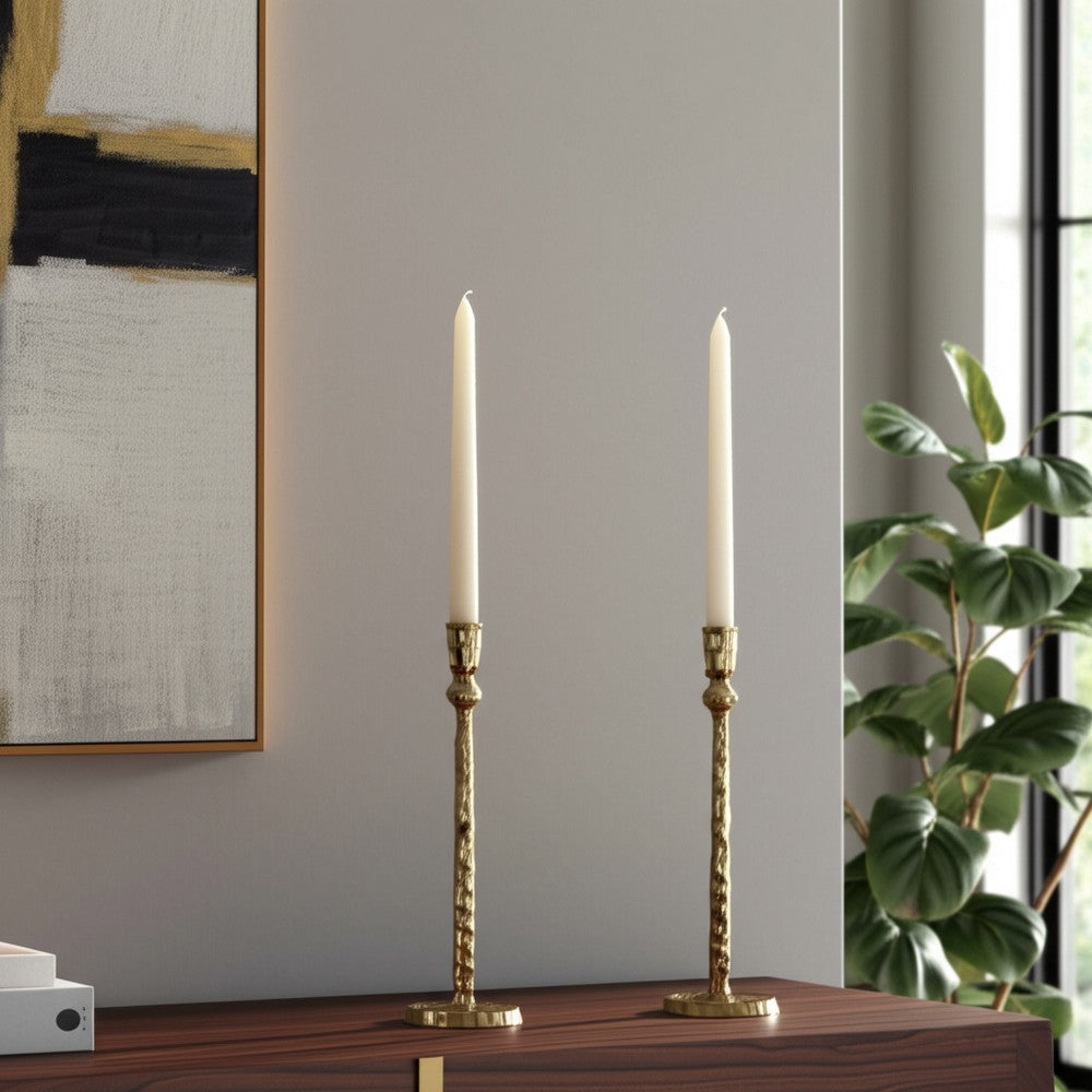Decorative Tall Taper Candle Holder | Hammered Design | 15" | Gold Metal