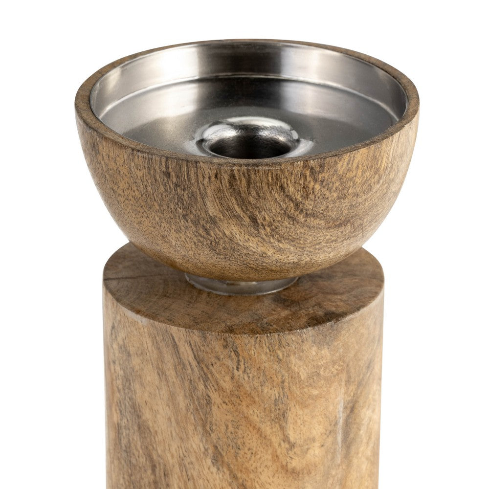 11" Candle Holder | Wood Pillar Design w Acrylic Base | Brown