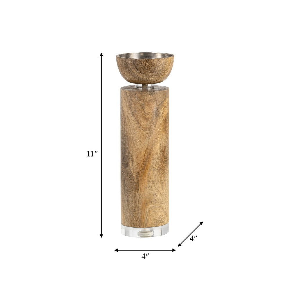 11" Candle Holder | Wood Pillar Design w Acrylic Base | Brown