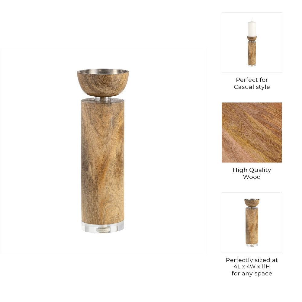 11" Candle Holder | Wood Pillar Design w Acrylic Base | Brown