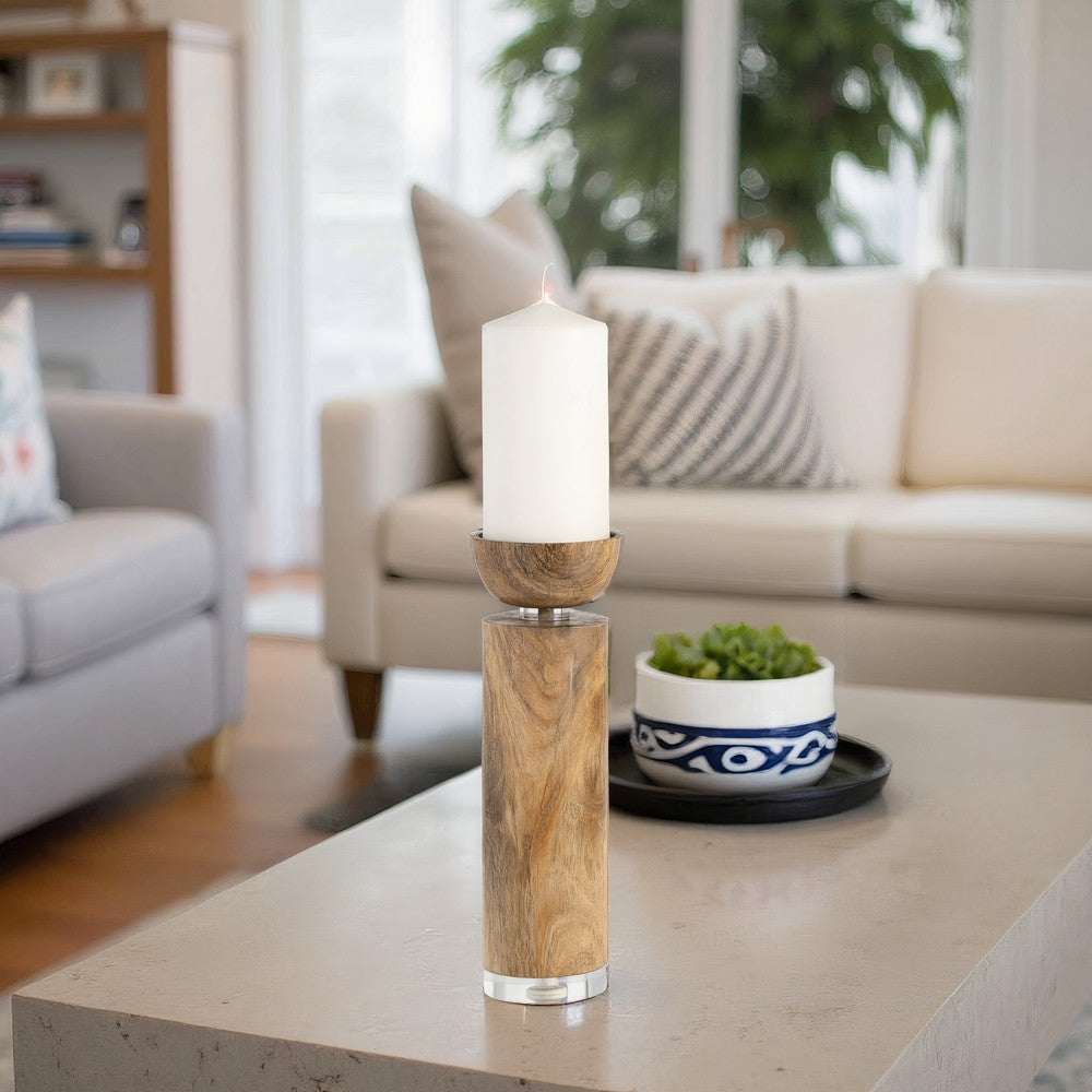 11" Candle Holder | Wood Pillar Design w Acrylic Base | Brown