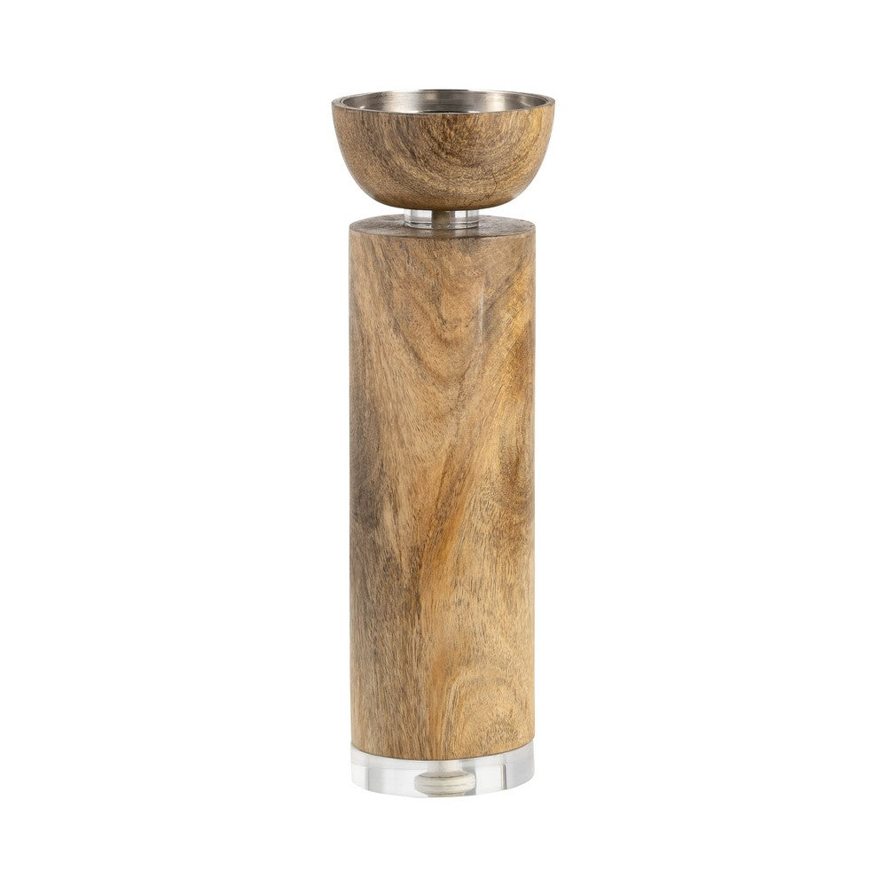 11" Candle Holder | Wood Pillar Design w Acrylic Base | Brown