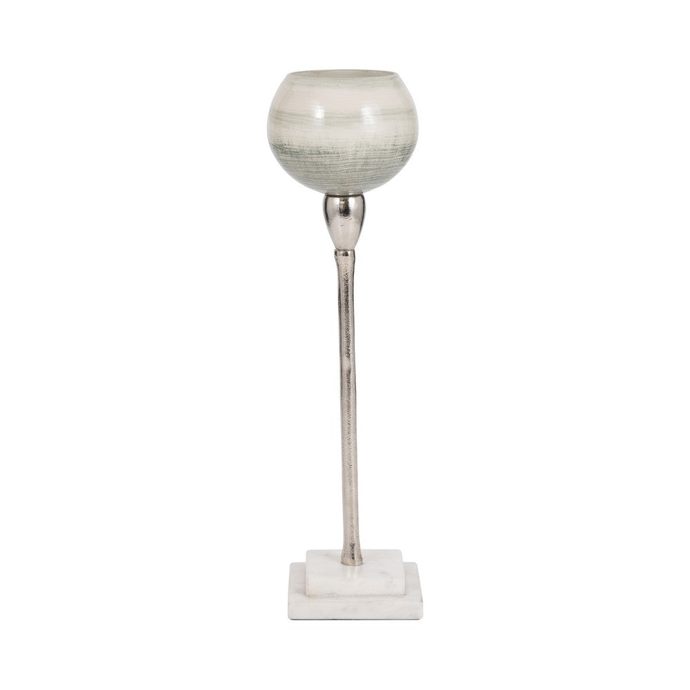 Kaio Votive Candle Holder | Silver Stem Sage Glass | White Marble | 17"