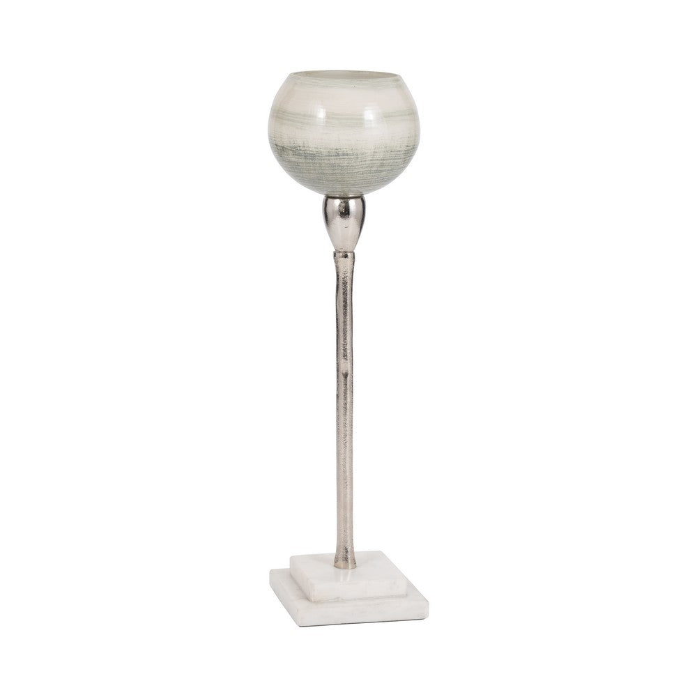 Kaio Votive Candle Holder | Silver Stem Sage Glass | White Marble | 17"