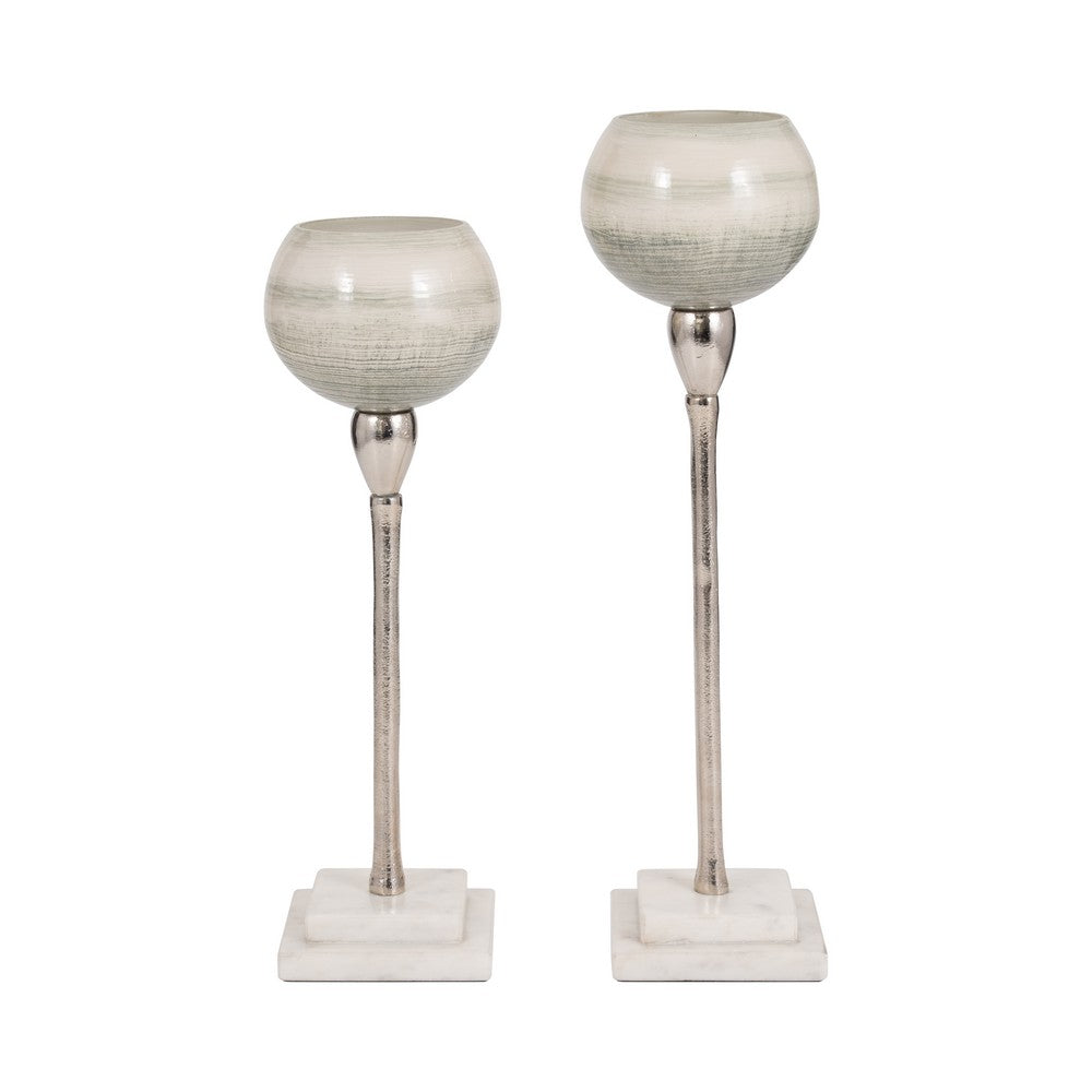 Kaio Votive Candle Holder | Silver Stem Sage Glass | White Marble | 17"