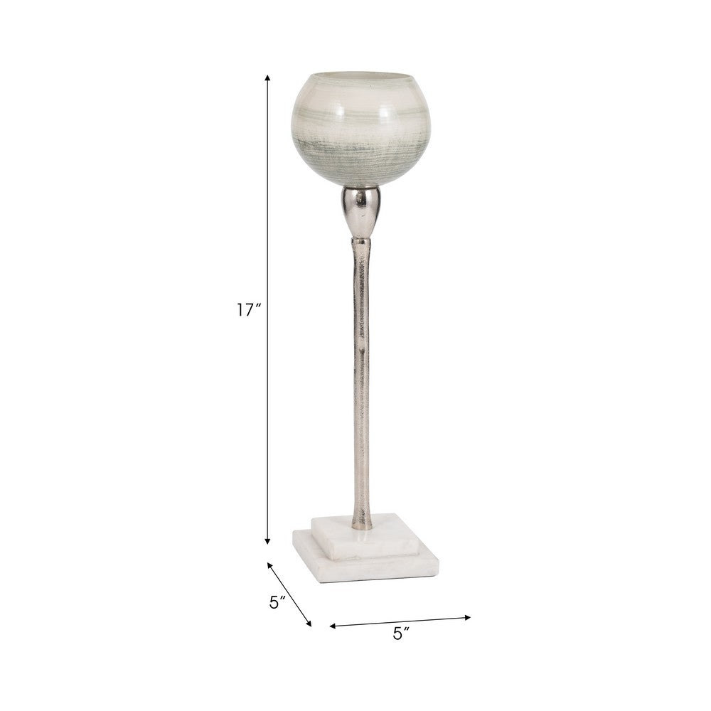 Kaio Votive Candle Holder | Silver Stem Sage Glass | White Marble | 17"