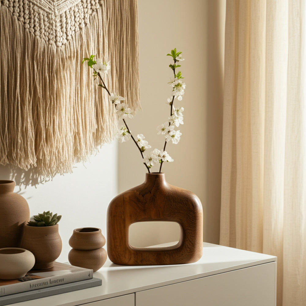 Kenzie Decorative Vase | Open Cut-Out Design | Brown Mango Wood 8"