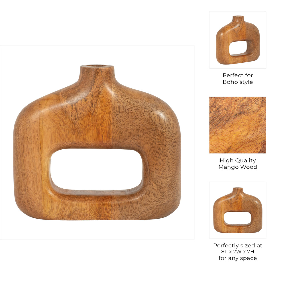 Kenzie Decorative Vase | Open Cut-Out Design | Brown Mango Wood 8"