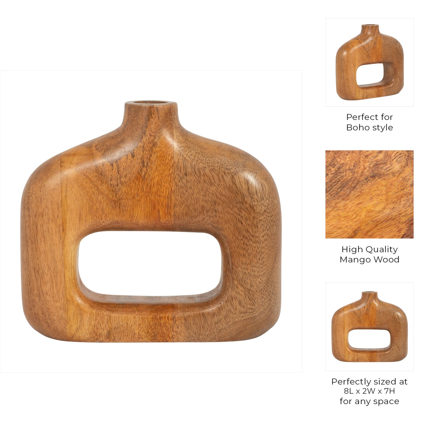 Kenzie Decorative Vase | Open Cut-Out Design | Brown Mango Wood 8"