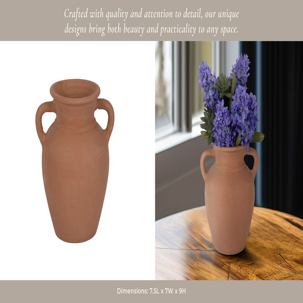 Antique Style Amphora Flower Vase with 2 Handles | 9" Brown Terracotta