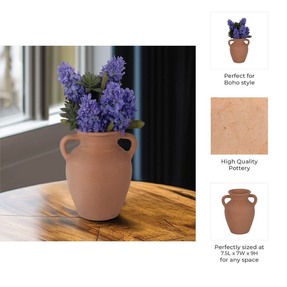 Antique Style Amphora Flower Vase with 2 Handles | 9" Brown Terracotta