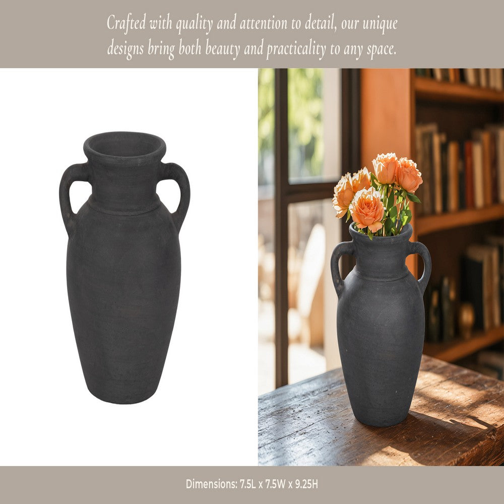 Moxie Traditional Vase with Handles | Flared Rim | Black Terracotta 10"