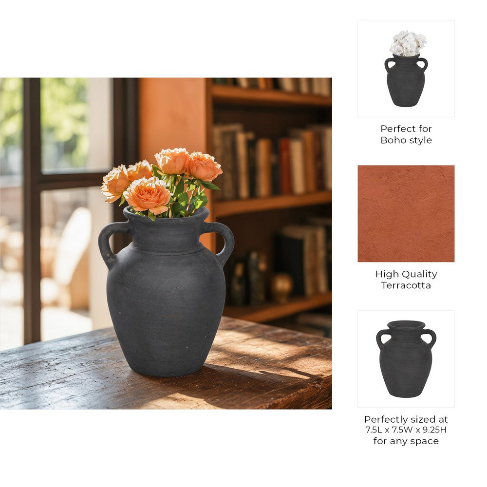 Moxie Traditional Vase with Handles | Flared Rim | Black Terracotta 10"