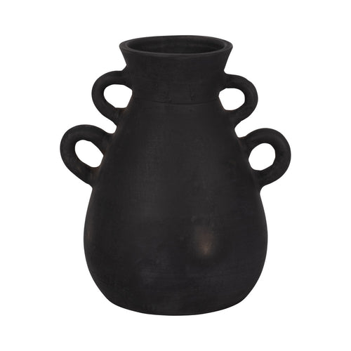 Decorative Antique Flower Vase | 4 Handles | 12" Black Terracotta