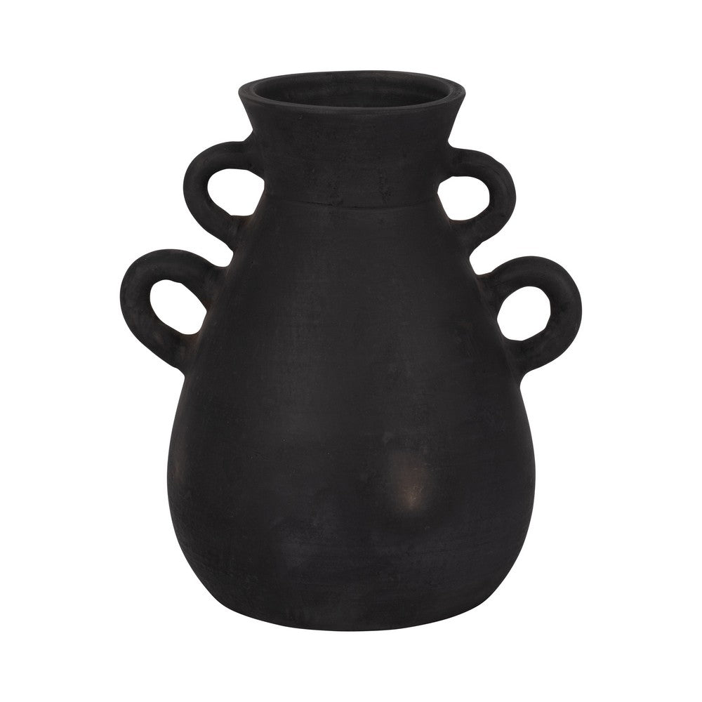 Decorative Antique Flower Vase | 4 Handles | 12" Black Terracotta