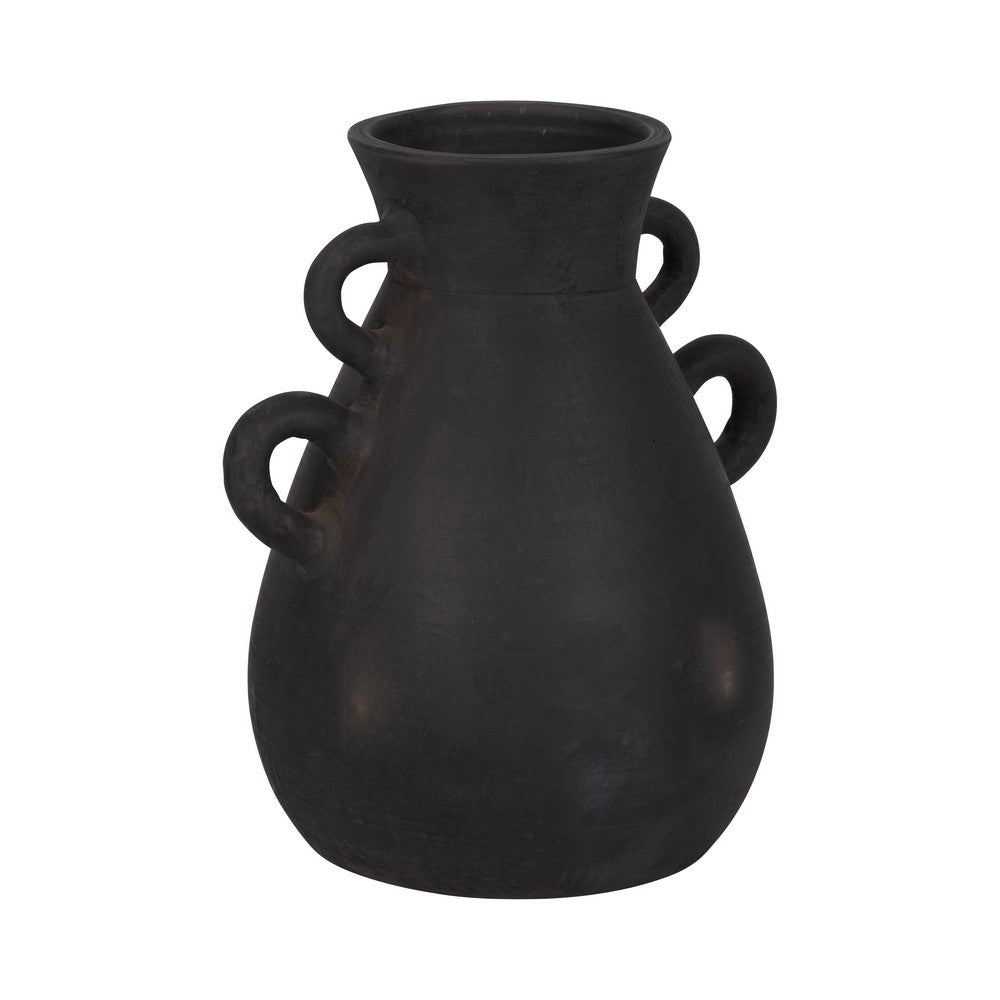 Decorative Antique Flower Vase | 4 Handles | 12" Black Terracotta