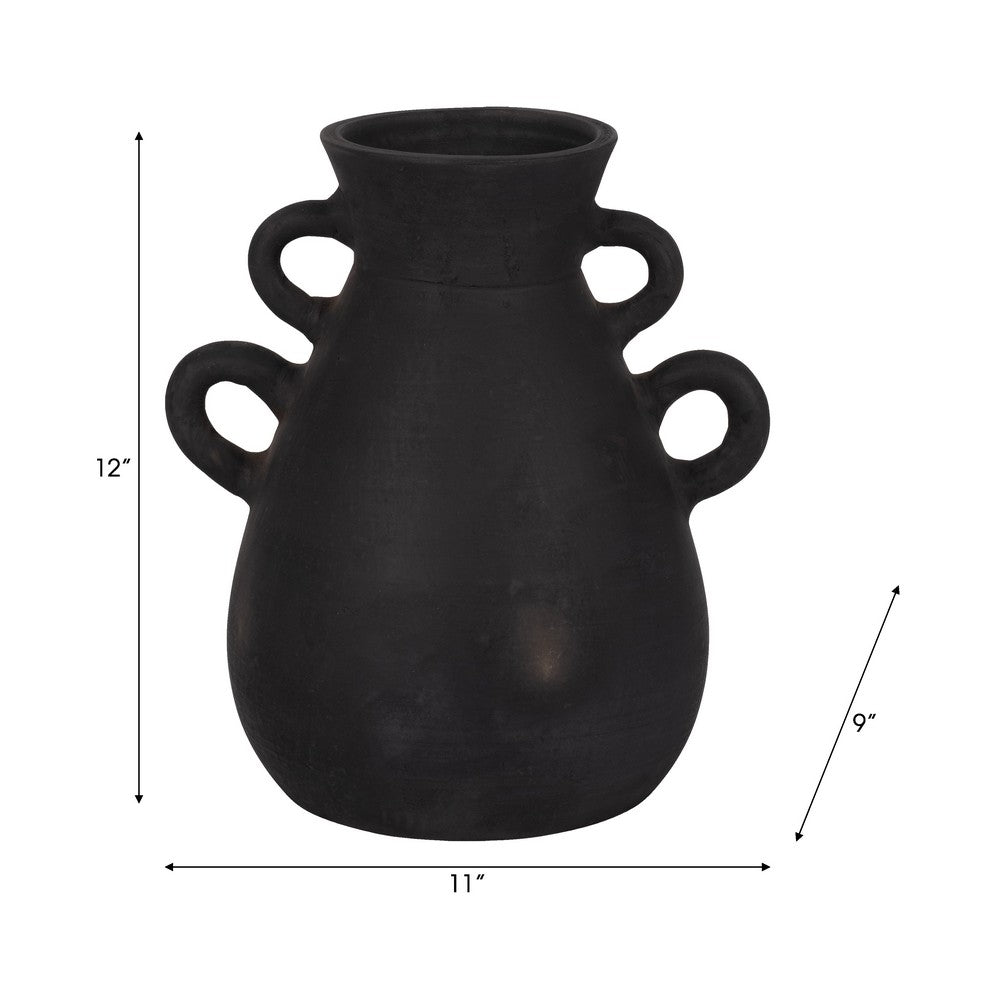 Decorative Antique Flower Vase | 4 Handles | 12" Black Terracotta