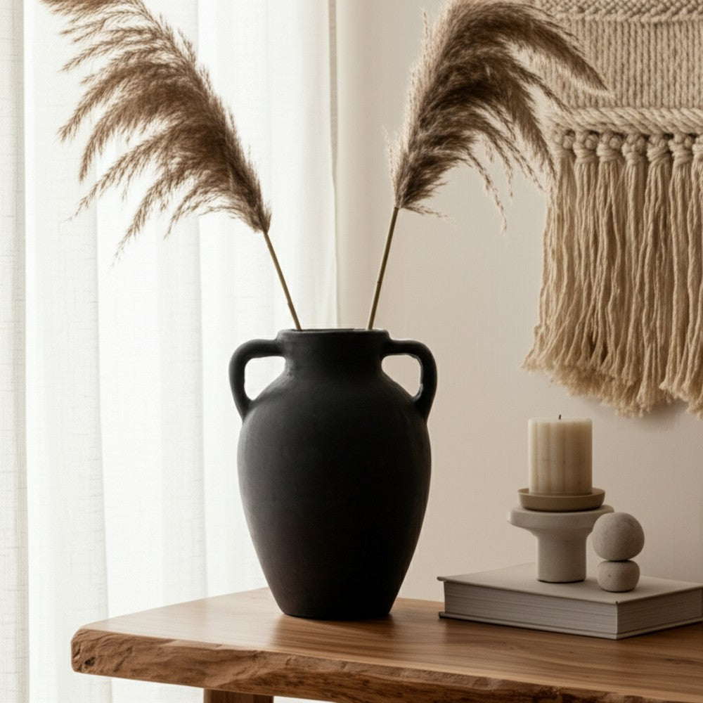 Decorative Amphora Vase w 2 Ear Handles | Black Terracotta | 13"