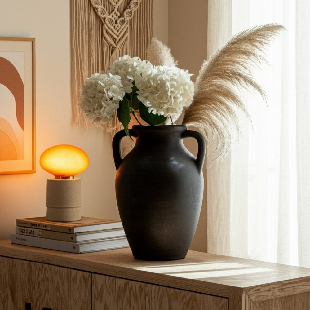 Decorative Amphora Vase w 2 Ear Handles | Black Terracotta | 13"