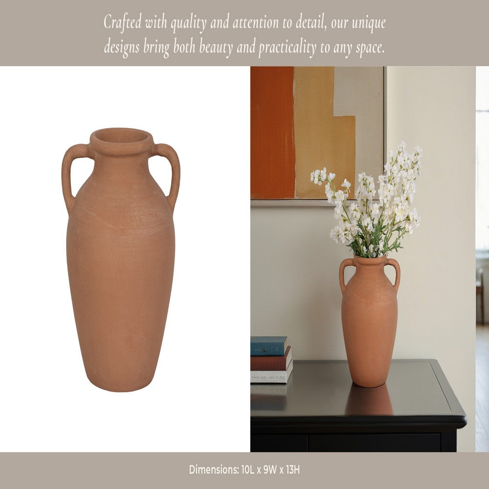 Antique Flower Vase w 2 Handles | Rustic Brown Terracotta | 13"