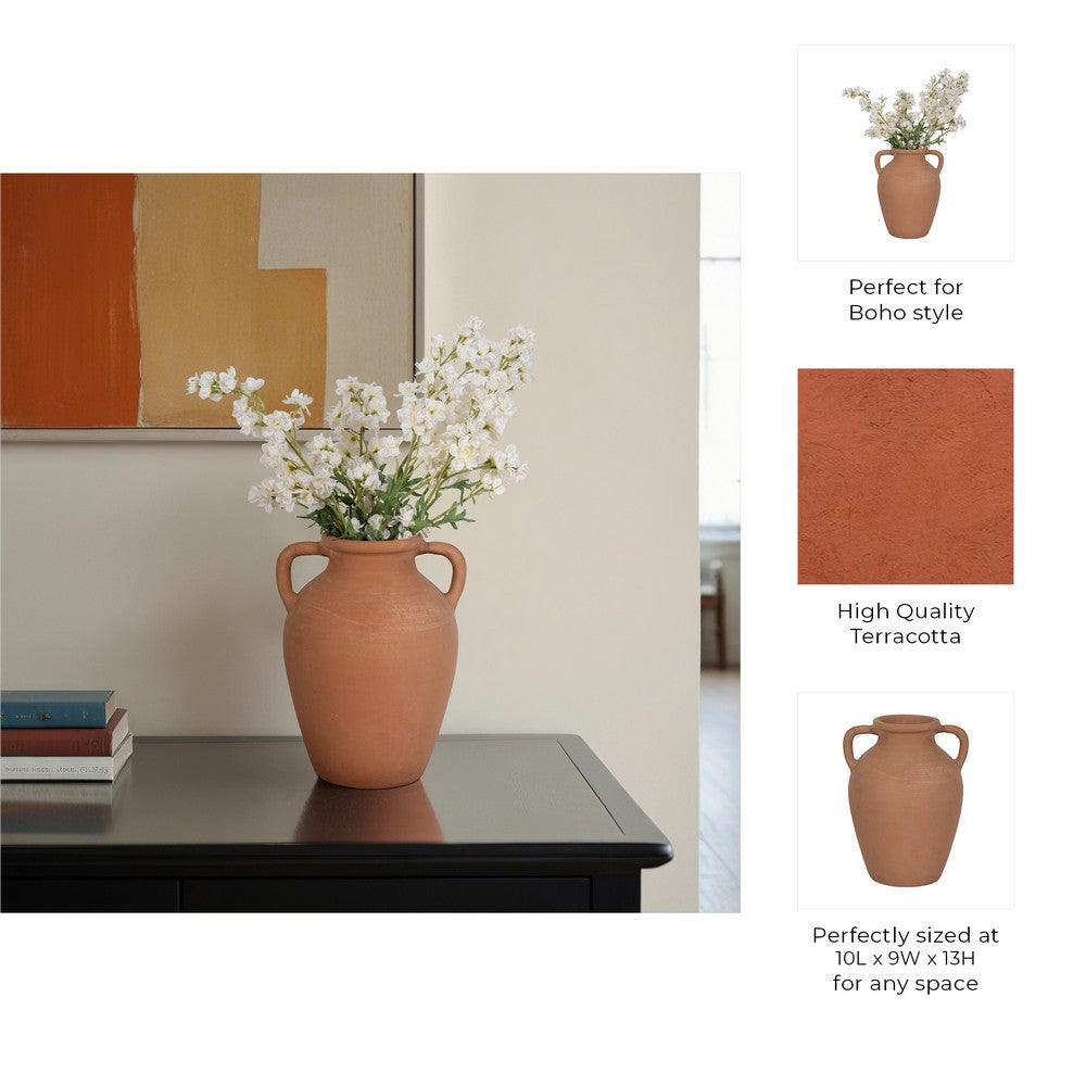Antique Flower Vase w 2 Handles | Rustic Brown Terracotta | 13"